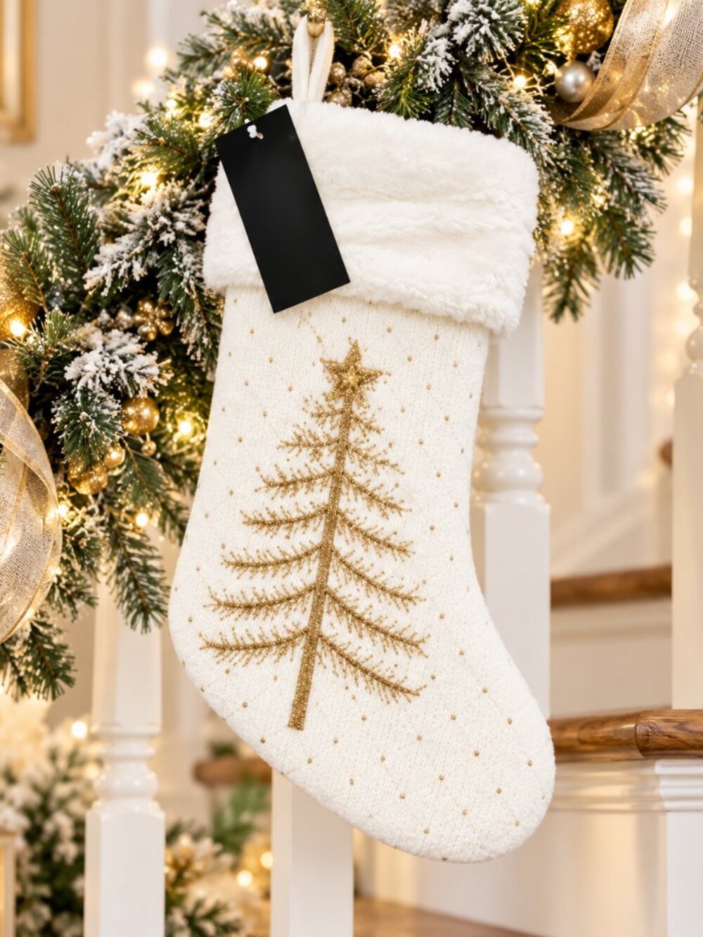 Rachel Zoe Christmas Tree Stocking Beaded Luxury White Gold Satin Lined 22x8"